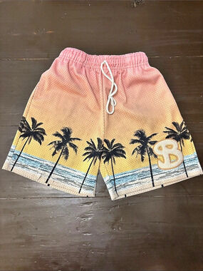 BKTSQD Purple Sunset Beach Shorts Swim Trunks Pink & Yellow Boys YXL